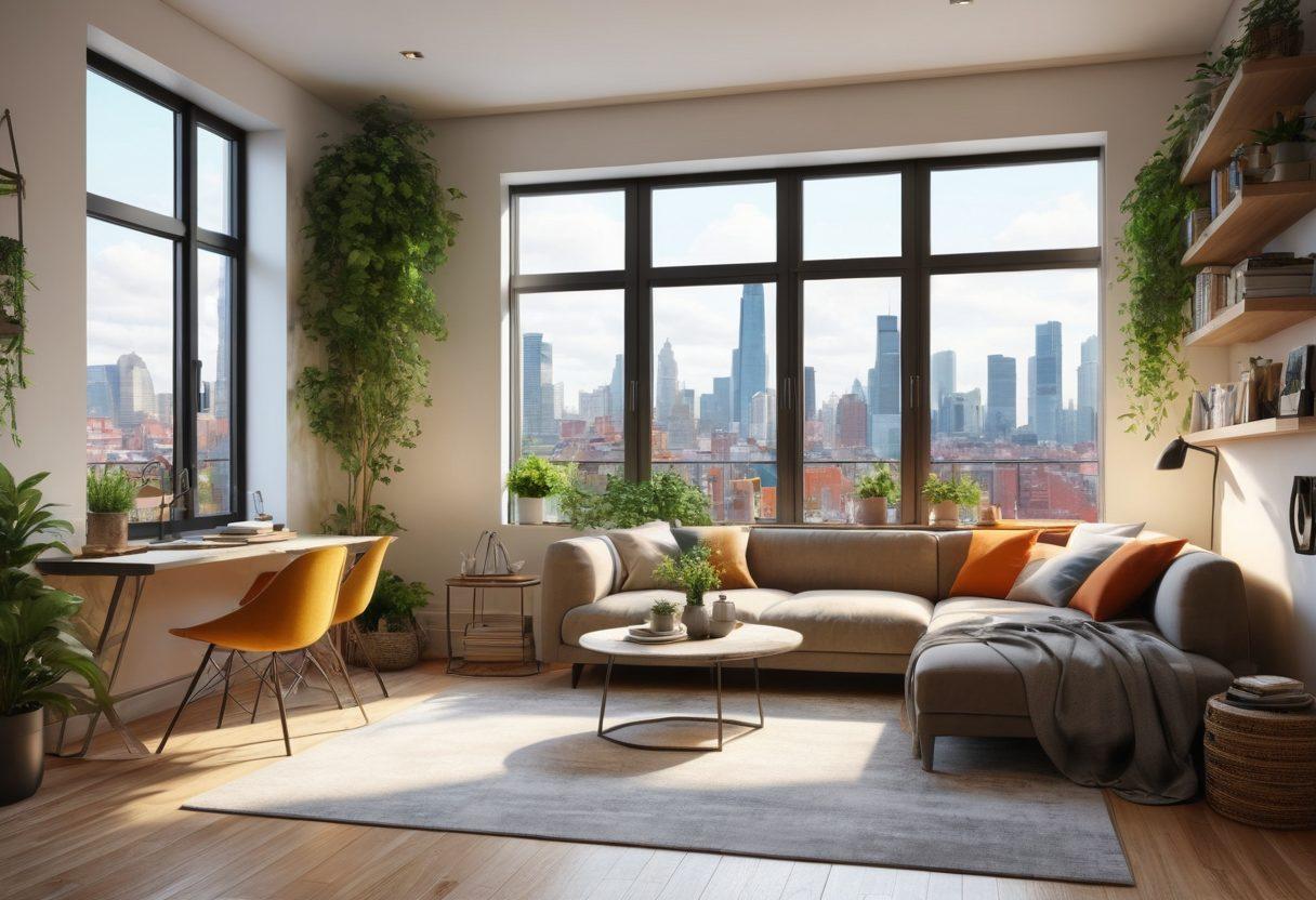 A cozy urban apartment interior filled with stylish furniture and greenery, featuring a wall of windows overlooking a bustling cityscape. Include elements like a serene reading nook, organized workspace, and tasteful decor that represents smart home design for tenants. The atmosphere should evoke a feeling of comfort, practicality, and inspiration for urban living. super-realistic. vibrant colors. 3D.