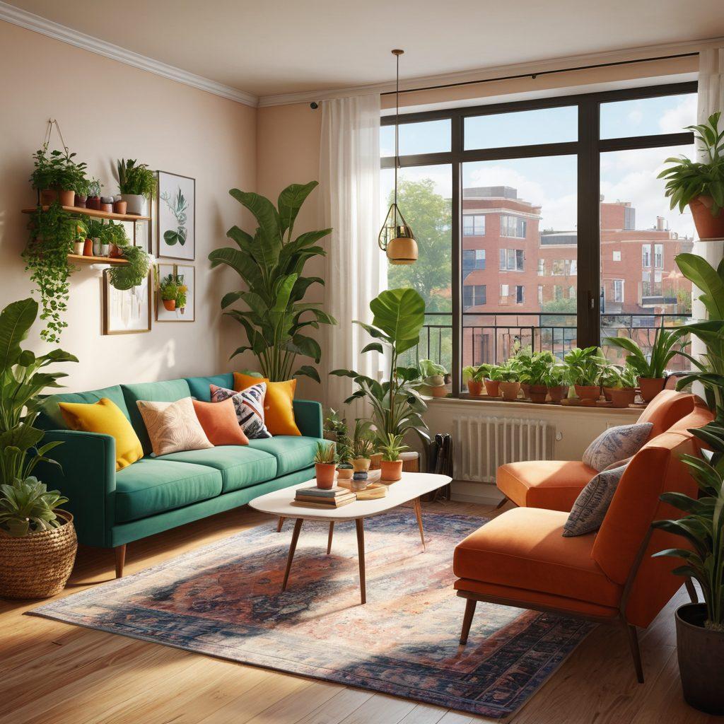 A cozy, inviting apartment interior showcasing practical home improvement tips, featuring lush indoor plants, stylish furniture, DIY decor projects, and warm ambient lighting. Include diverse community members collaborating on improvements, joyful interactions, and a scenic balcony view. Evoke a sense of community and enhancement of living spaces. vibrant colors. super-realistic.
