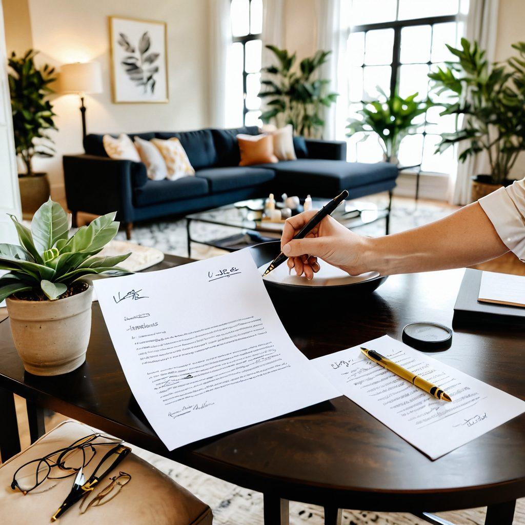 A split image showcasing a lease agreement on one side, with elegant calligraphy and a quill pen, while the other side features a beautifully decorated living room with stylish furniture and indoor plants. Incorporate soft lighting and a sense of warmth to convey comfort. Include subtle icons like keys and paintbrushes to symbolize tenant resources. vibrant colors. super-realistic.
